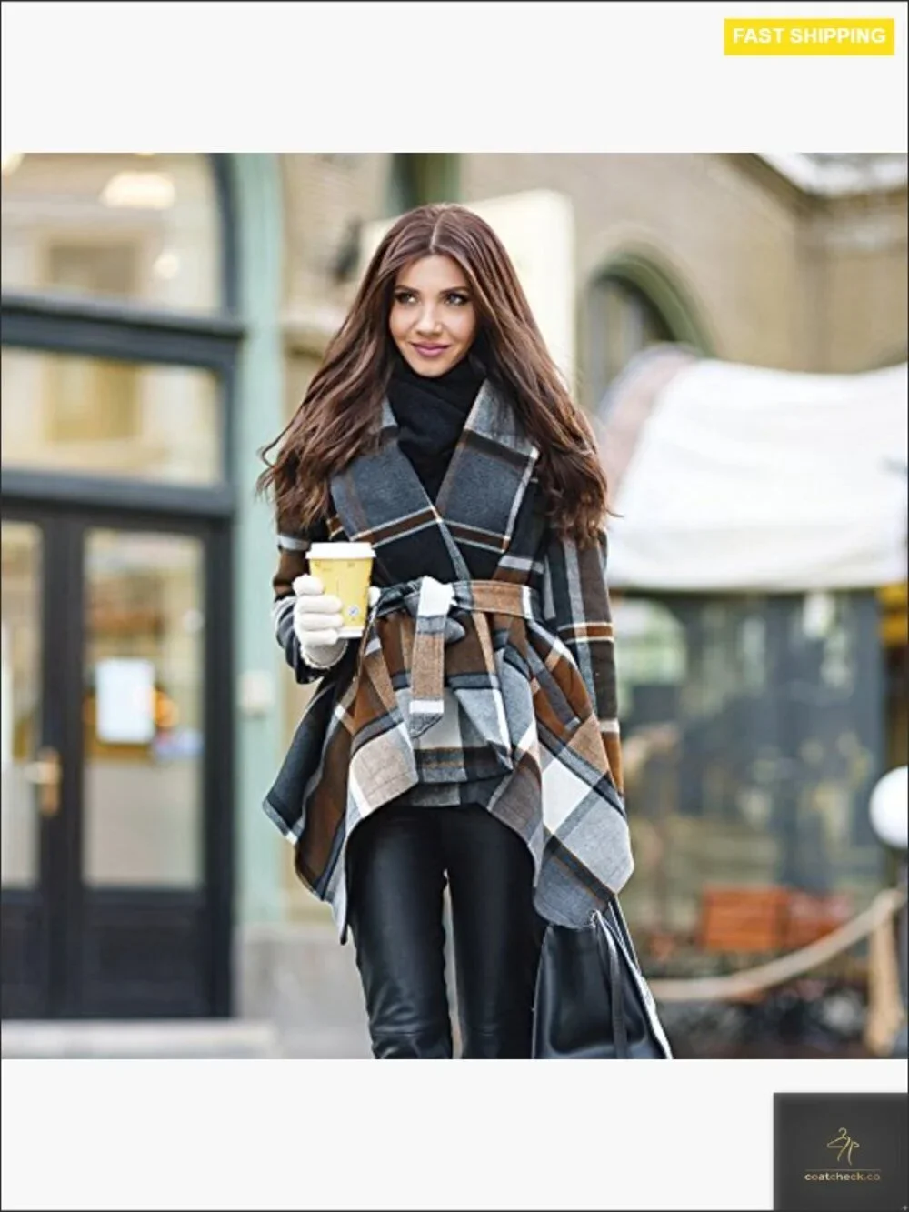 Turn Down Shawl Collar Asymmetric Hemline Wool Blend Coat Open Front Long Sleeve